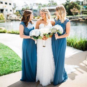 David's Bridal Steel Blue Bridesmaid Dress